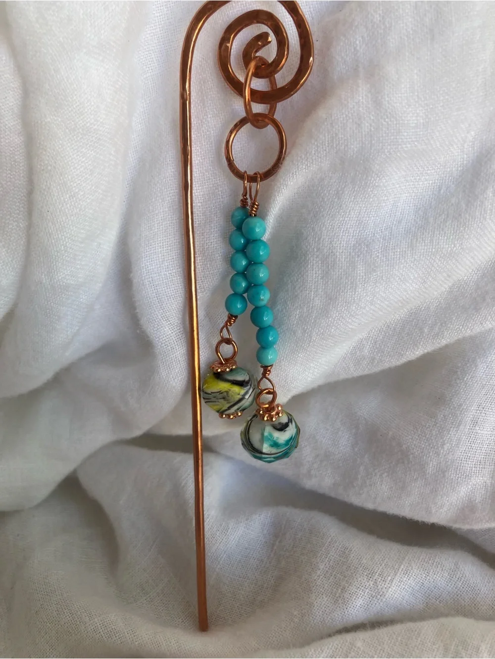 Copper Spiral Hair Stick with Turquoise and vintage glass lamp work Beads